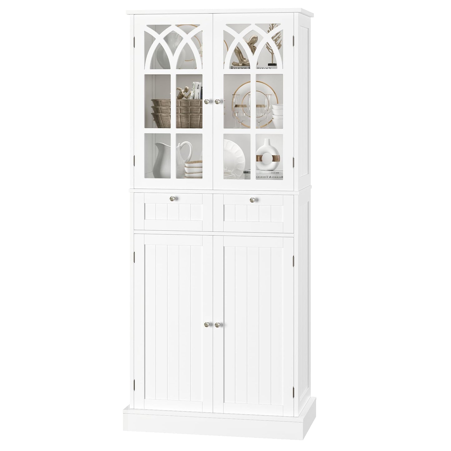 finetones 71” Kitchen Pantry Cabinet, Kitchen Cabinet Kitchen Hutch with 2 Drawers and 4 Doors, Freestanding Kitchen Cupboard Pantry Cabinet for Dining Room, White - WoodArtSupply