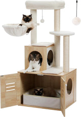 MUTTROS Cat Tree with Litter Box Enclosure, 50" Modern Cat Tree for Large/Fat Cats with Cat Condo, Wooden Cat Furniture with Large Hammock and Top Perch, Beige MUTTROS