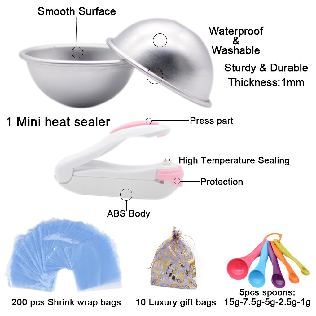 Bath Bomb Mold Set 228 Pieces - 200 Packs Shrink Wrap Bags,12 Pieces of DIY Metal Mould,Spoons,Gift Bags,Mini Heat Sealer (Instruction Included) Smarimple