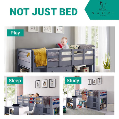 Naomi Home Grey Twin Size Loft Bed with Desk, Bookcase Shelf, Cabinet Ladder, and Safety Guard Rails