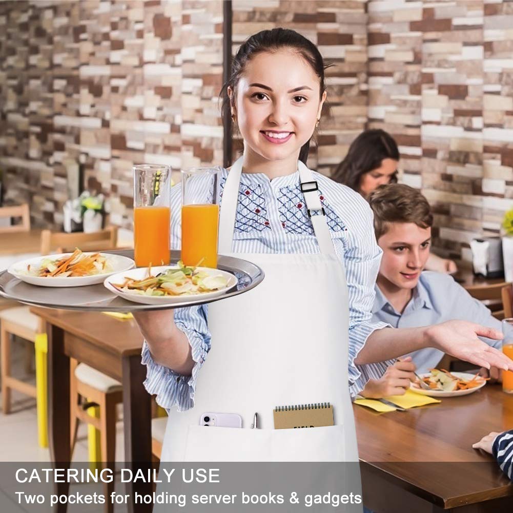 Jubatus 2 Pack Bib Aprons with 2 Pockets Cooking Chef Kitchen Apron for Women Men, White Jubatus