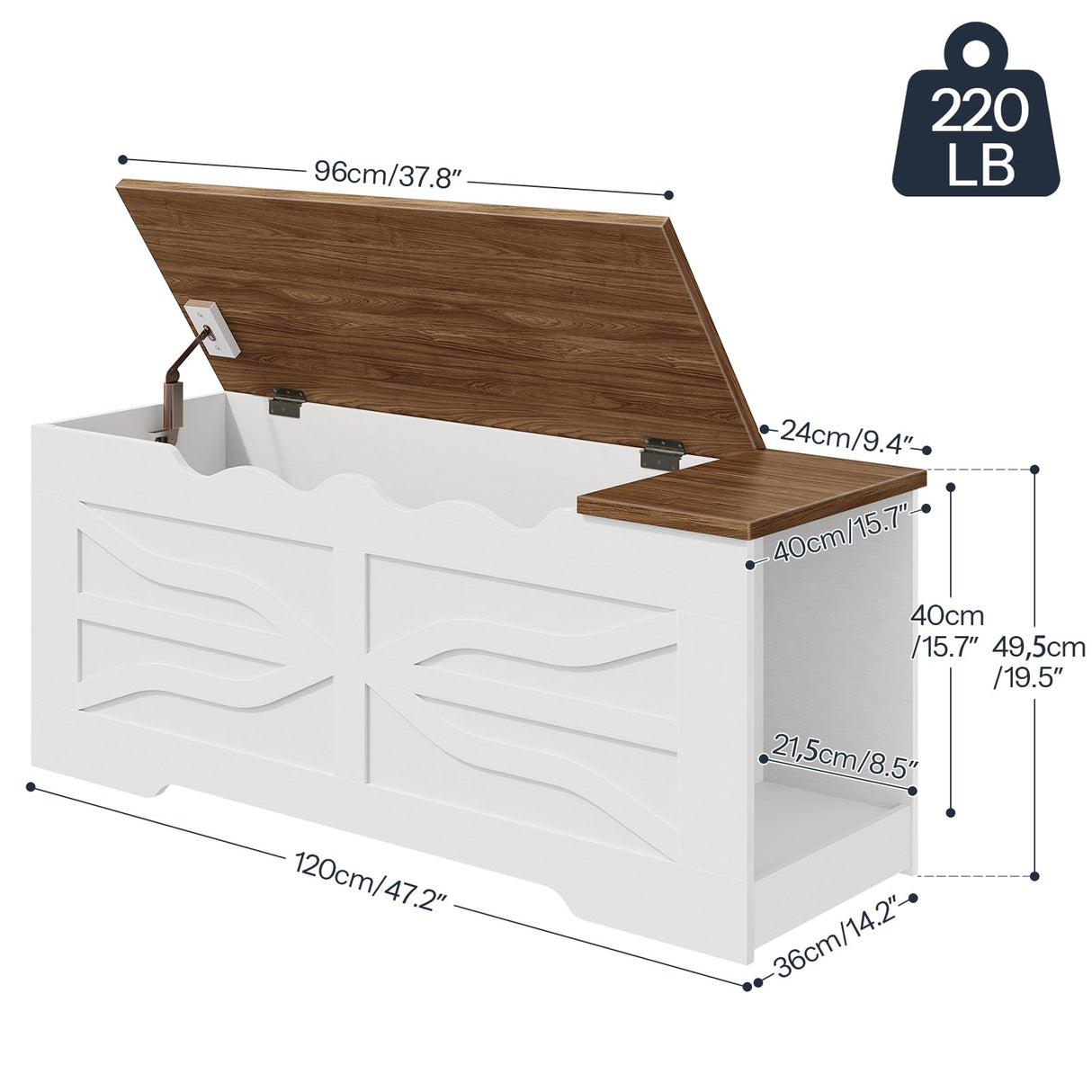 HOOBRO Farmhouse Storage Bench, Toy Box with Safety Hinges, Wooden Storage Chest with Side Storage Cubby, 47.2''L x 15.7''W x 19.5''H, for Entryway, Bedroom, Living Room, White and Walnut WH96CW01 HOOBRO