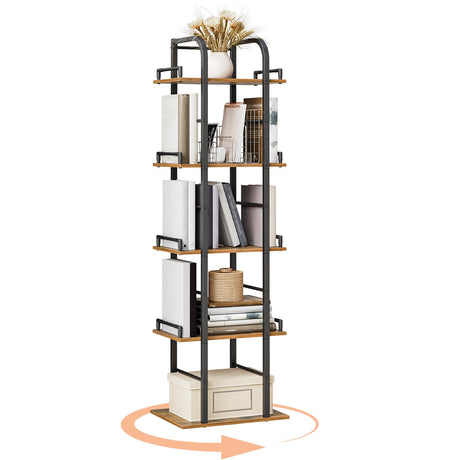 YATINEY Rotating Bookshelf, 5 Tier Spinning Bookcase Tower, 360 Display Narrow Bookshelf, Tall Industrial Corner Shelf Organizer, Storage Shelf Bookcase for Living Room, Rustic Brown and Black SJ02BR YATINEY