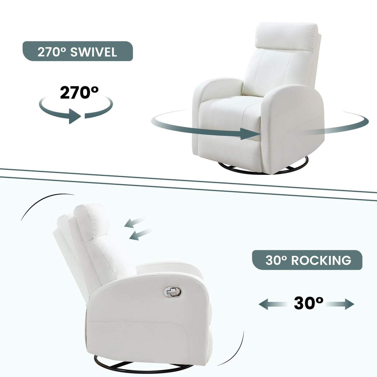 HOMYKA Swivel Rocker Recliner, Manual Glider Rocking Recliner Chair, Leather Swivel Reclining Lounge Chair Nursery Glider Recliners for Small Spaces, Living Room, White HOMYKA