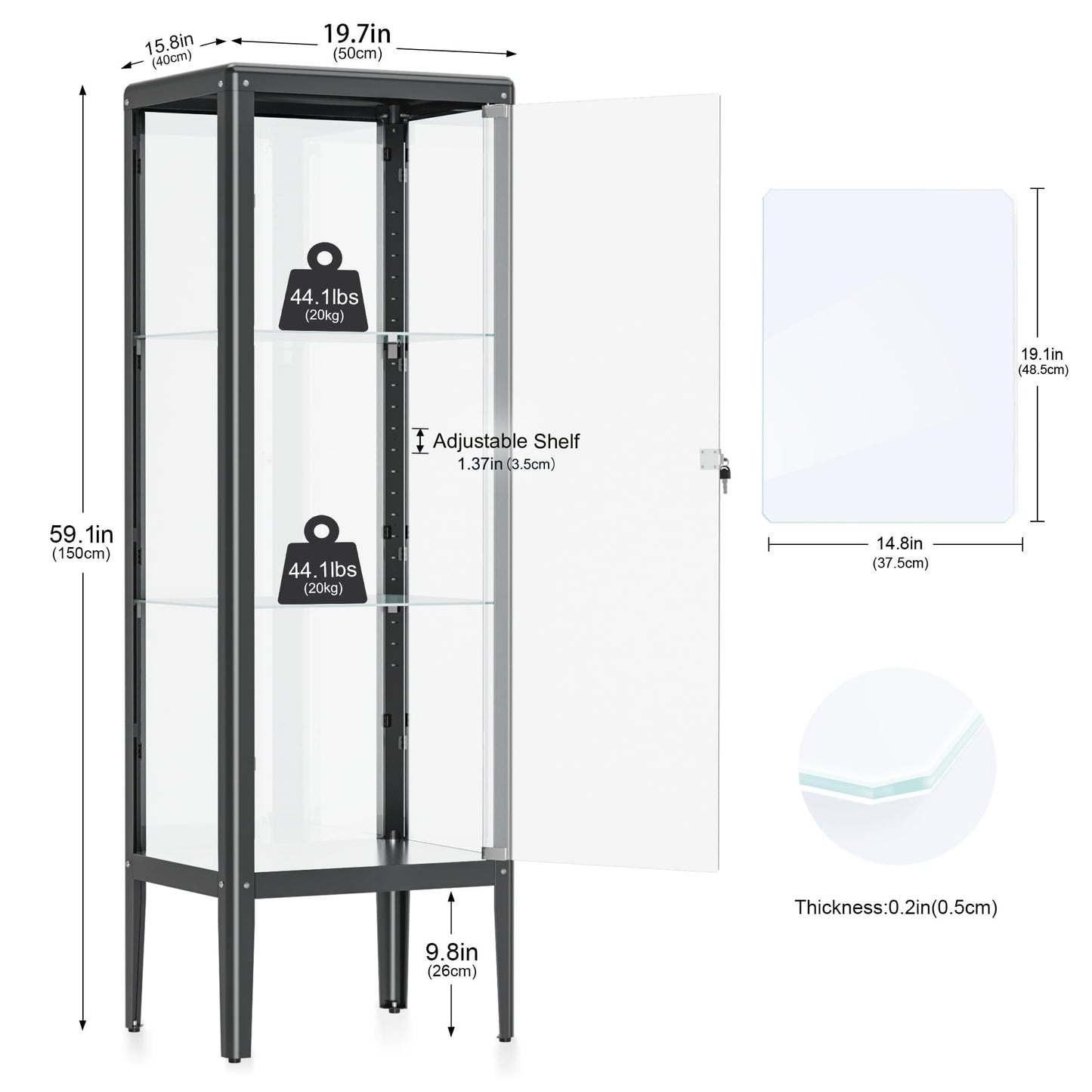 Ryoko Glass Display Cabinet with LED Light, Adjustable 3-Shelf Shelves, Curio Cabinets Metal Storage Display Case for Living Room Bedroom Office (Dark Grey)