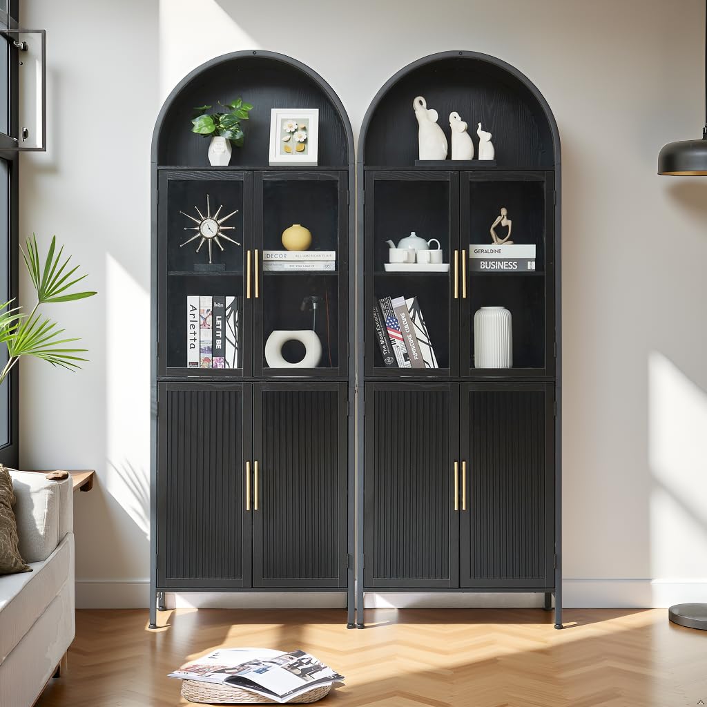 HUSHEDIFY Arched Bookcase Book Shelf with Glass Doors, 5 Tier Tall Display Bookshelf Cabinet with Storage, Industrial Floor Standing Bookshelves Open bookcases for Home Office, Living Room(Black) HUSHEDIFY