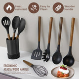 Kitchen Cooking Utensils Set-446°F Heat Resistant Silicone Kitchen Utensils for Cooking-34 Piece Kitchen Set with Natural Acacia Wooden Handles and Holder, BPA FREE for Non-Stick Cookware (Black) BESTZMWK
