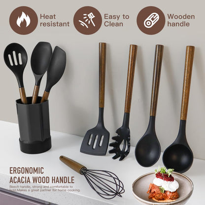 Kitchen Cooking Utensils Set-446°F Heat Resistant Silicone Kitchen Utensils for Cooking-34 Piece Kitchen Set with Natural Acacia Wooden Handles and Holder, BPA FREE for Non-Stick Cookware (Bl - WoodArtSupply