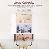 MAHANCRIS Bathroom Wall Cabinet with 2 Door and Adjustable Shelves, Farmhouse Medicine Cabinet with Towel Rack, 3-Tier Wall Mounted Storage Cabinet Over The Toilet for Bathroom Laundry Room, White MAHANCRIS