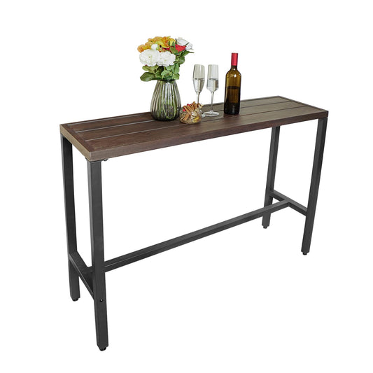 MEOOEM Outdoor Counter Height Bar Table with Wood-Like Metal Top for Patios and Gardens