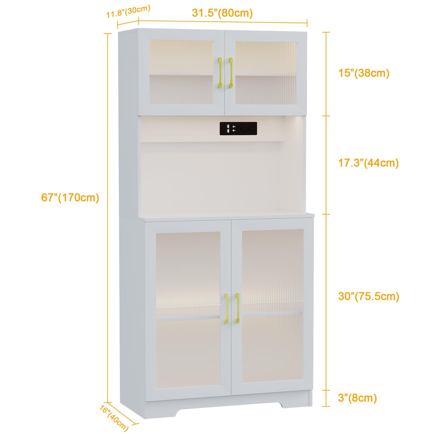 LVSOMT 67" LED Storage Cabinet with Charging Station, Sockets & USB Ports For Kitchen Pantry, Microwave Hutch, Buffet Sideboard with Top & Bottom Doors for Dinning Room, White - WoodArtSupply