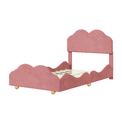 Kids Twin Platform Bed with Cloud Shaped Headboard and Footboard, Velvet Upholstered Twin Size Bed Frame with Wooden Slats Support for Bedroom, No Box-Spring Needed, Dark Pink