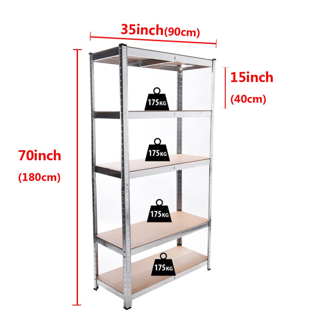 Panana 5 Tier Racking Shelf Garage Shelving Storage Shelves Unit 1.8M/1.5M Workshop/Commercial/Industrial/Kitchen (Silver, 180X90X40CM) Panana