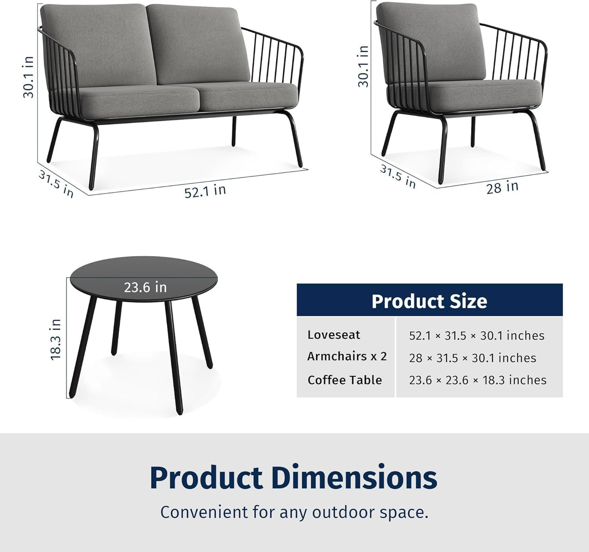 EAST OAK 4-Piece Plaza Patio Furniture Set, Outdoor Furniture for Balcony, Poolside, and Yard, with Thick Cushion Sofa and Coffee Table, Modern Patio Conversation Set, Black & Grey EAST OAK