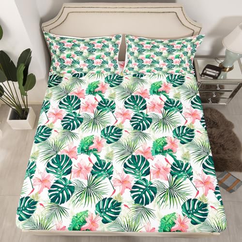 Feelyou Palm Leaf Sheet Set King Size Kids Flower Floral Palm Tree Print Sheets with Deep Pocket Fitted Sheet for Boys Girls Teens Botanical Nature Theme Bed Sheets Set Summer Nature Theme Bedding Set Feelyou