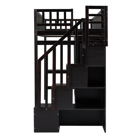 Espresso Twin Loft Bed with Staircase, Desk and Wardrobe, Wood Loft Bed with Storage Shelves and Safety Guardrail, High Loft Bed with Desk for Kids Boys Girls Teens, No Box Spring Needed Harper & Bright Designs