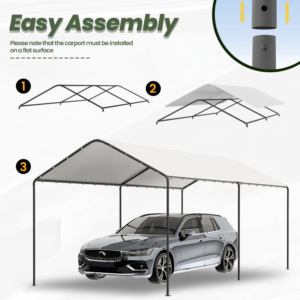 GOJOOASIS 10x20 Carport Heavy Duty Portable Garage Shelter Metal Car Canopy Tent with UV-Resistant & Weatherproof Top Cover for RV & Vehicles (White, 10x20 Without sidewalls) GOJOOASIS