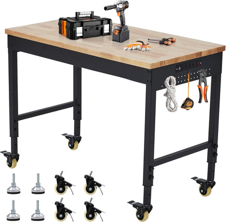 Adjustable Height Garage Workbench 72" X 25" - Heavy Duty 2000 lbs Capacity, Rubber Wood Top, Rolling Workstation with Drawer Storage, Power Outlets & Lockable Wheels - Perfect for Workshop ExploreHorizon