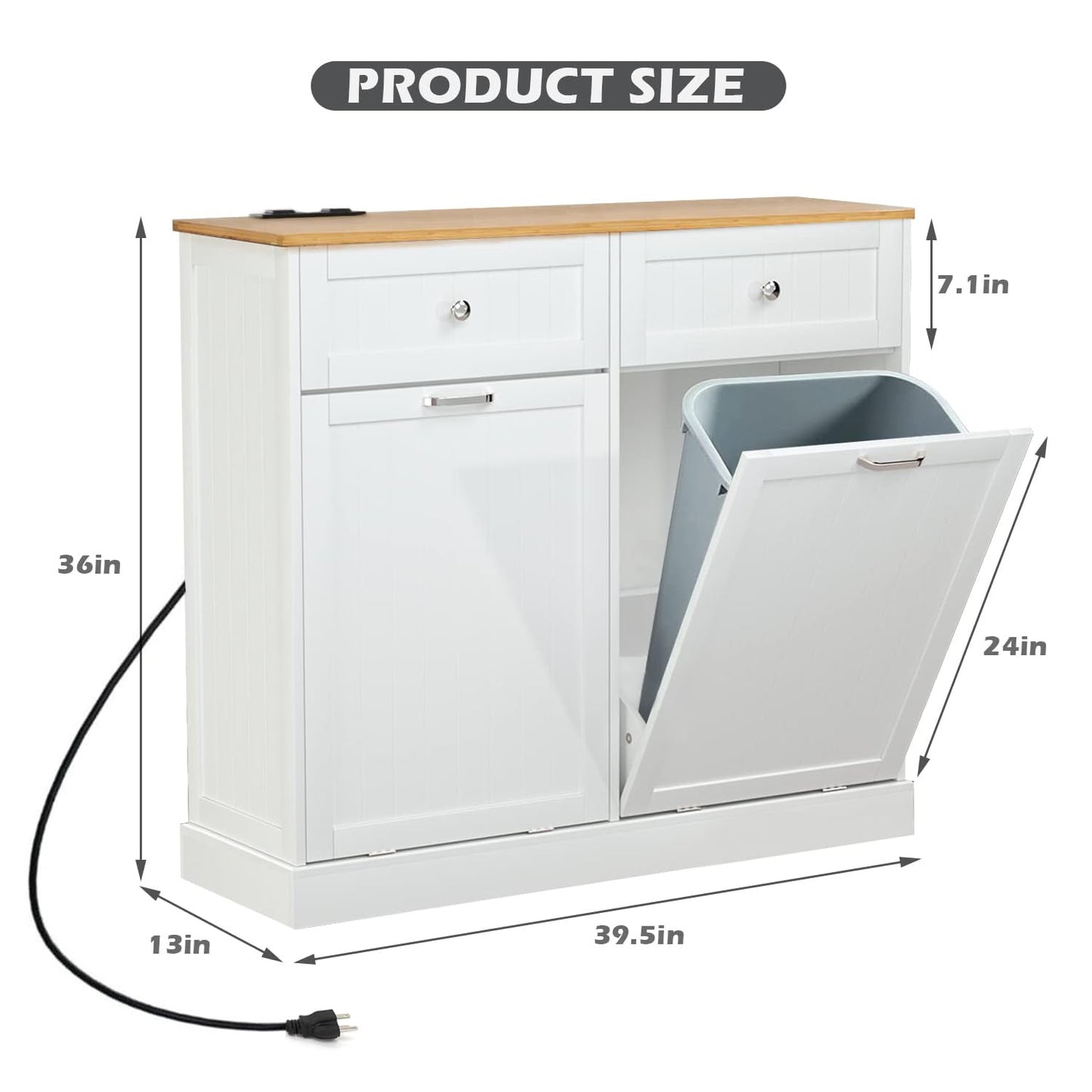 GAZHOME Double Tilt Out Trash Cabinet with Charging Station, Upgrade Wooden Free Standing Trash Cabinet with Outlet,Recycling Cabinet with Hideaway Drawer,20 Gallon Tilt Out Trash Cabinet (Wh - WoodArtSupply