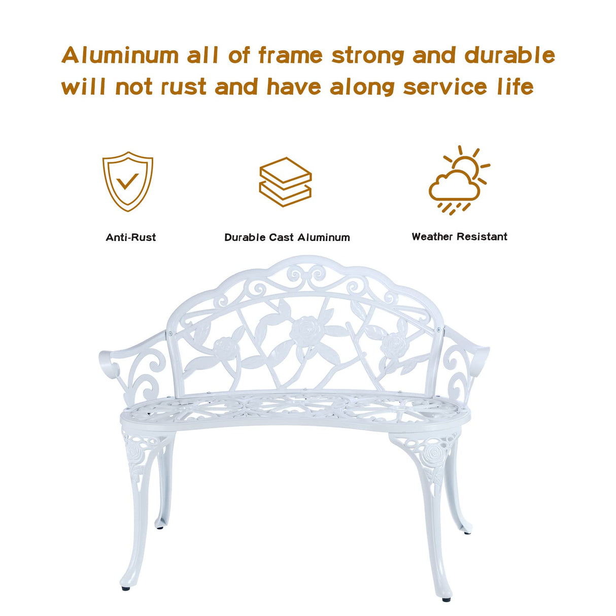 JARDIN DE CENTENNIAL Patio Garden Bench Metal Park Bench Cast Aluminum Outdoor Furniture with Floral Rose for Patio,Park,Lawn,Yard (White) JARDIN DE CENTENNIAL