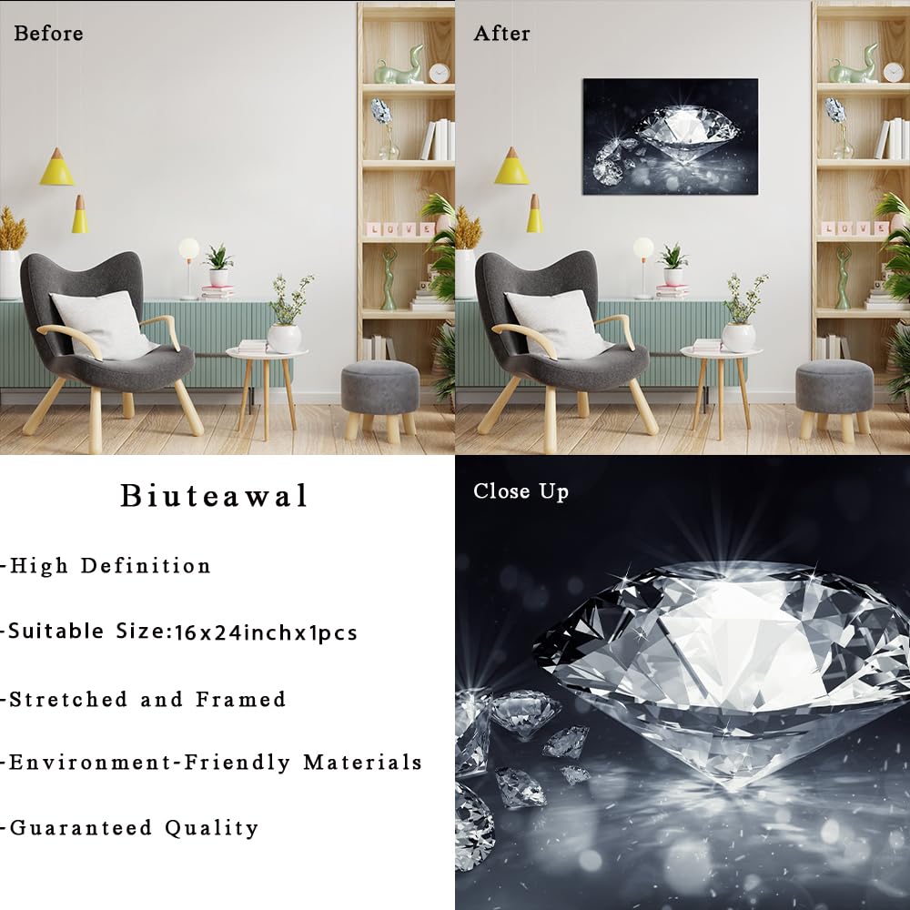 Biuteawal Diamond Wall Art Black White Canvas Print Shining Diamonds Painting Fashion Picture Modern Artwork Home Decor for Living Room Bedroom Bathroom Framed Ready to Hang Biuteawal