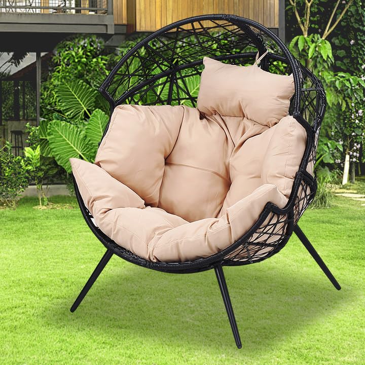 Godappe Egg Chair - Oversized Wicker Egg Basket Chair with Cushion and Stand, All-Weather Egg Dining Chair for Patio, Backyard, Living Room, Porch - Beige