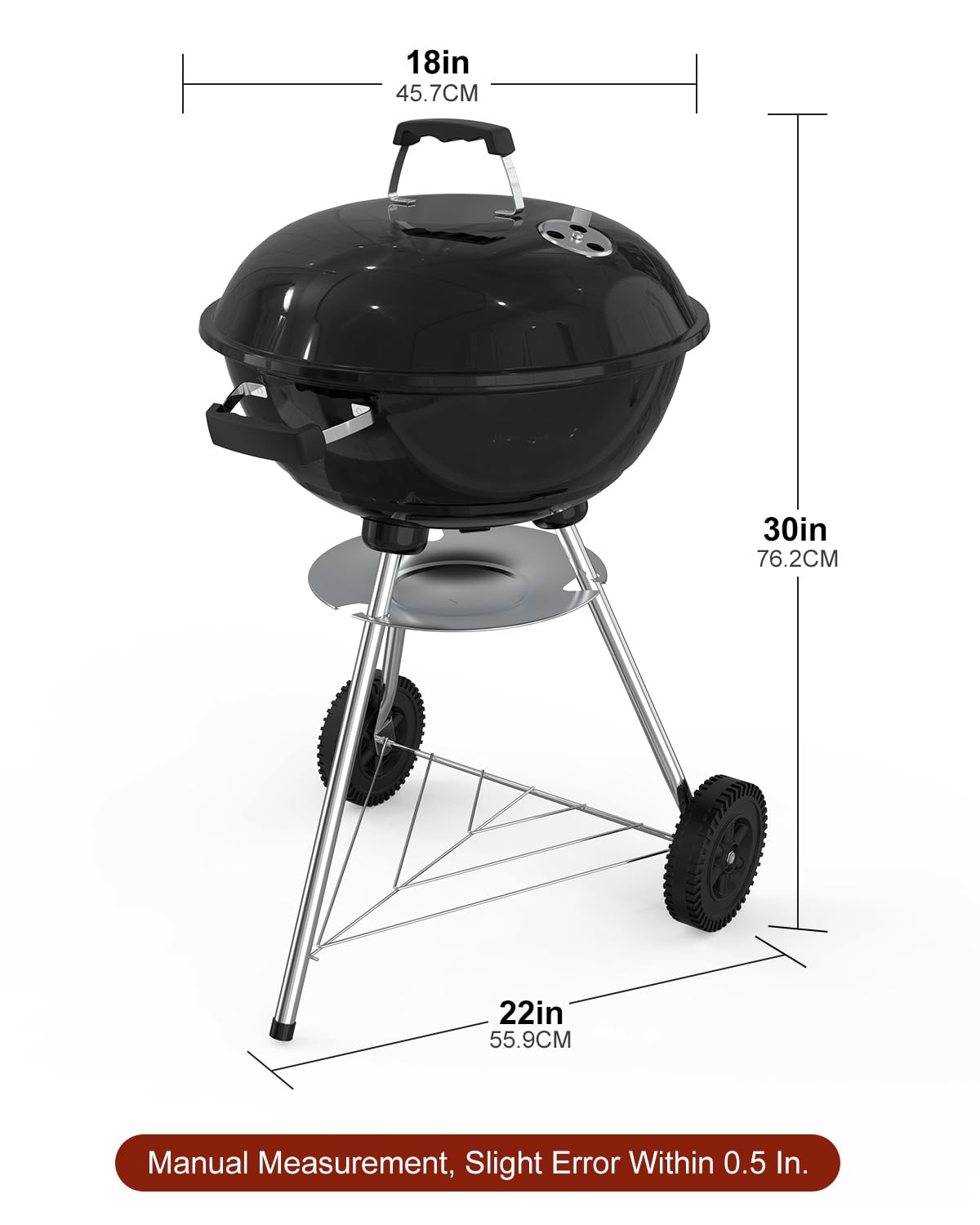 18 inch Charcoal Grill, Outdoor Barbecue Kettle Grill, 227 Square Inches Cooking Space, Highly Cost-Effective Portable Grill, Perfect for Outdoor BBQ Party, Camping and Small Patios, Black