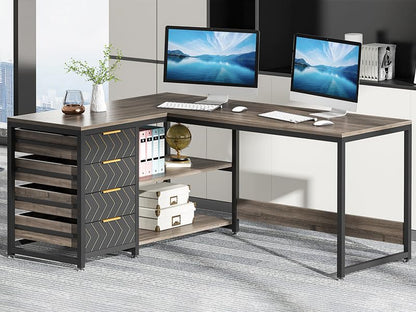 Tribesigns L Shaped Computer Desk with Storage Drawers, 59 inch Corner Desk with Shelves, Reversible L-Shaped Office Desk Writing Table Workstation for Home Office, Grey - WoodArtSupply