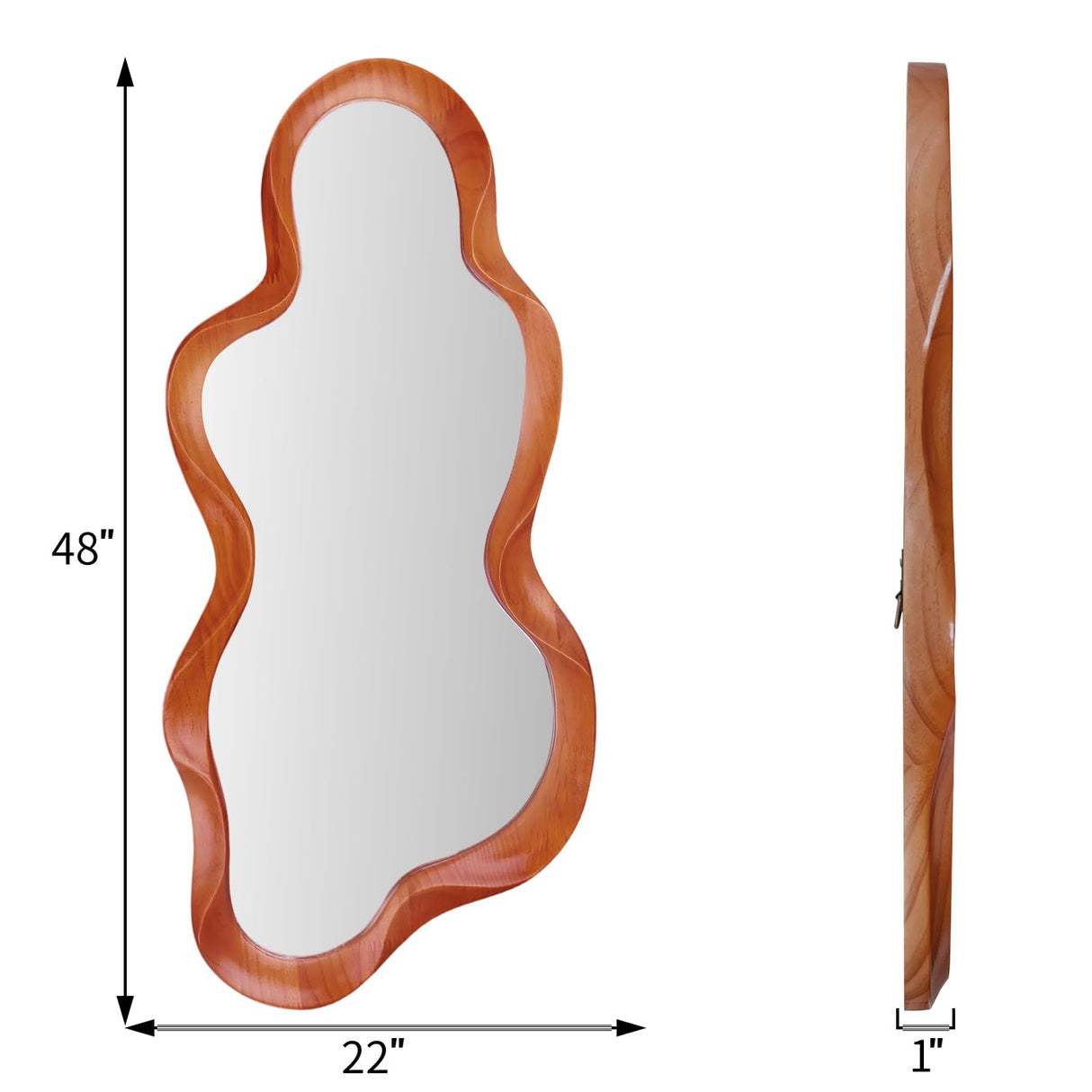 osemy 48"x 22" Irregular Wall Mirror, Walnut Wood Framed Wall Mirror, Asymmetrical Wall Wavy Mirror for Living Room Bedroom Entryway Bathroom Modern Decorative Mirror with Hanging Hooks osemy