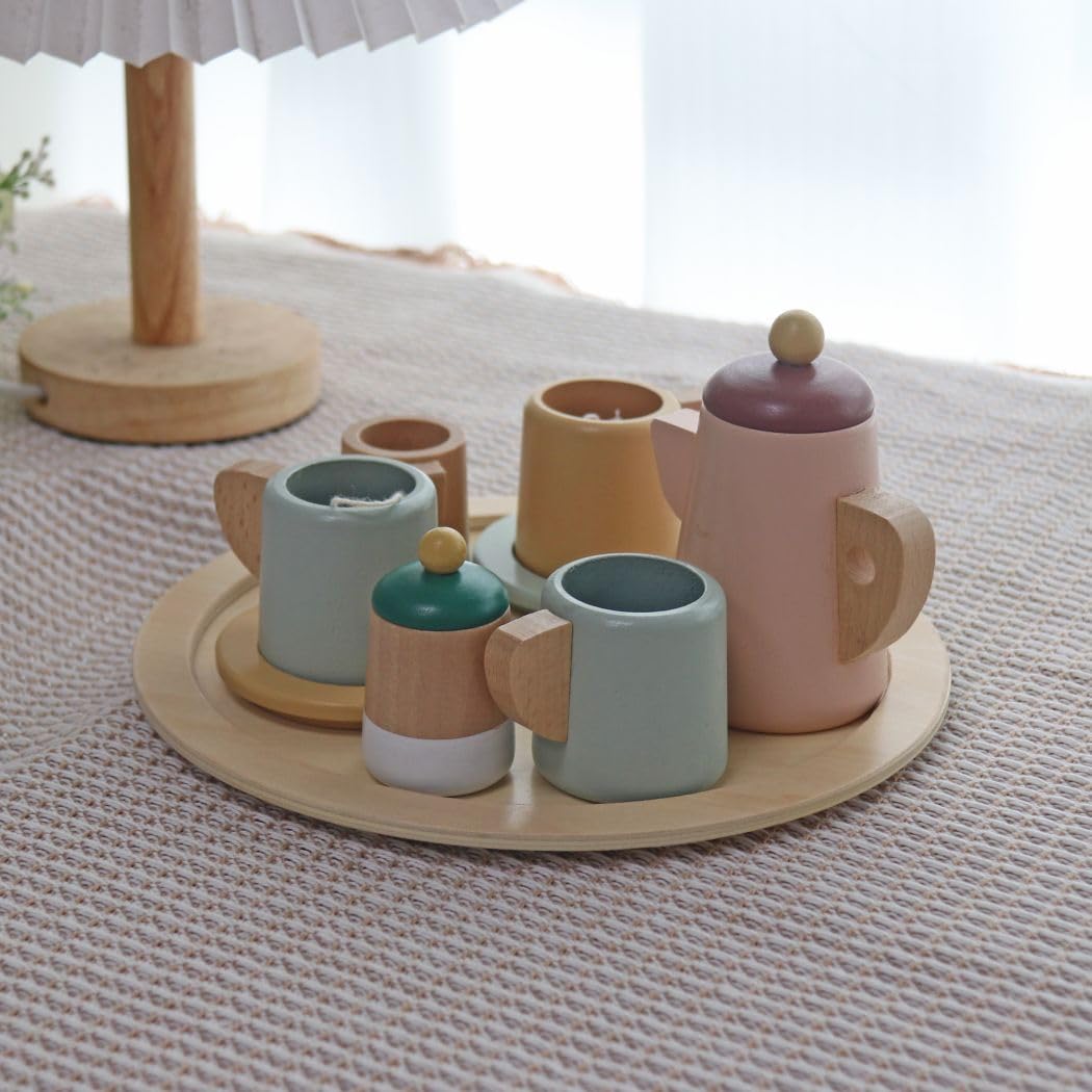 Touch us Wooden Toy Tea Set for Little Girls,Toddler Tea Set Play Kitchen Accessories for Children, Premium Solid Wood Pretend Play Food Playset for Kids Tea Party Generic