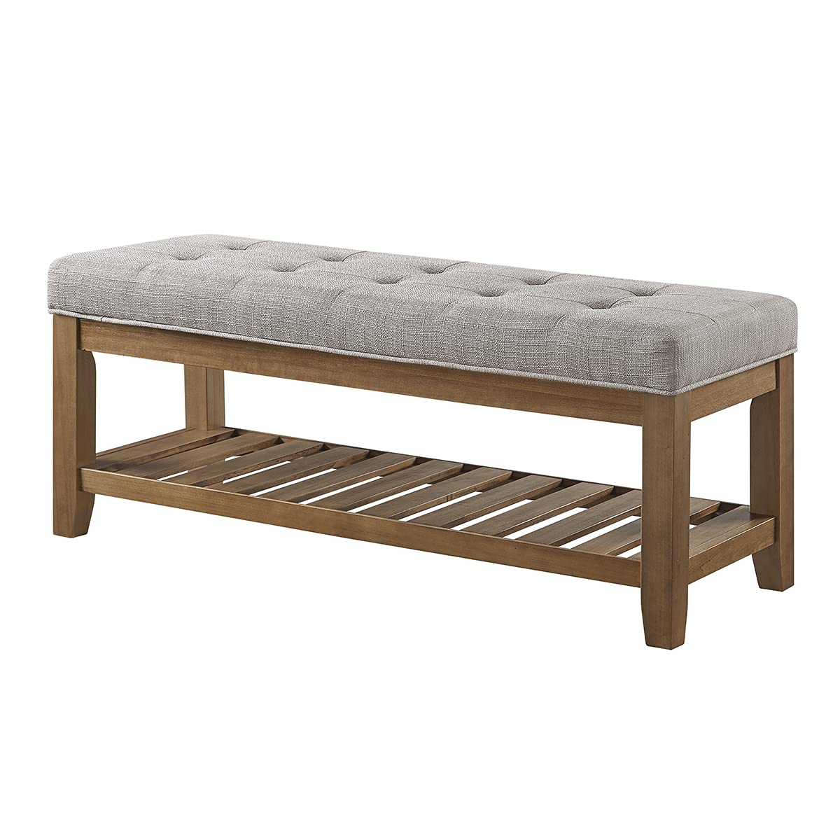 24KF Large Rectangular Upholstered Tufted Linen Fabric Ottoman Bench, Padded Bench with Solid Wood Shelf-Linen 24KF
