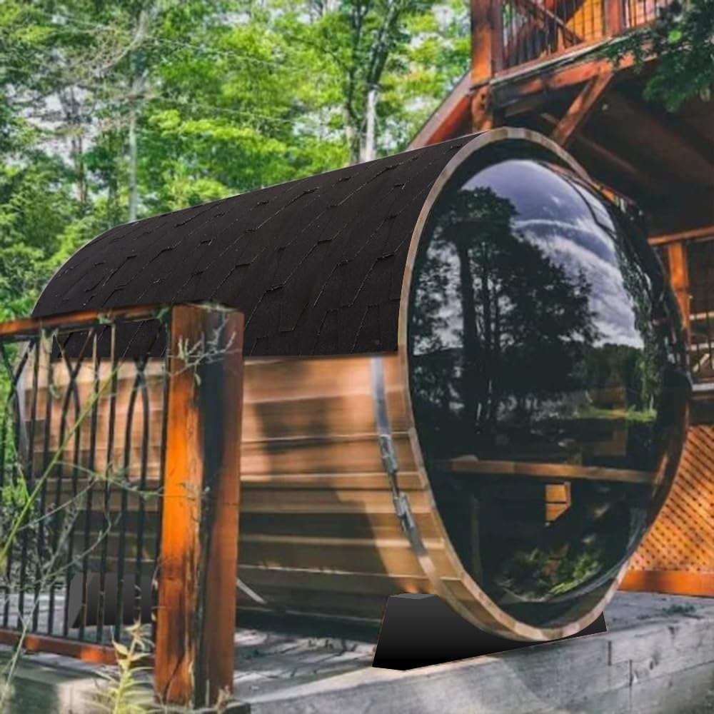 iDOTODO Outdoor Wooden Panoramic Barrel Sauna, 6-8 Person Sauna Room, 6kw Harvia Electric Heater with Sauna Stone, Sauna Accessories and Asphalt Shingle Roof (Red Ceder) iDOTODO