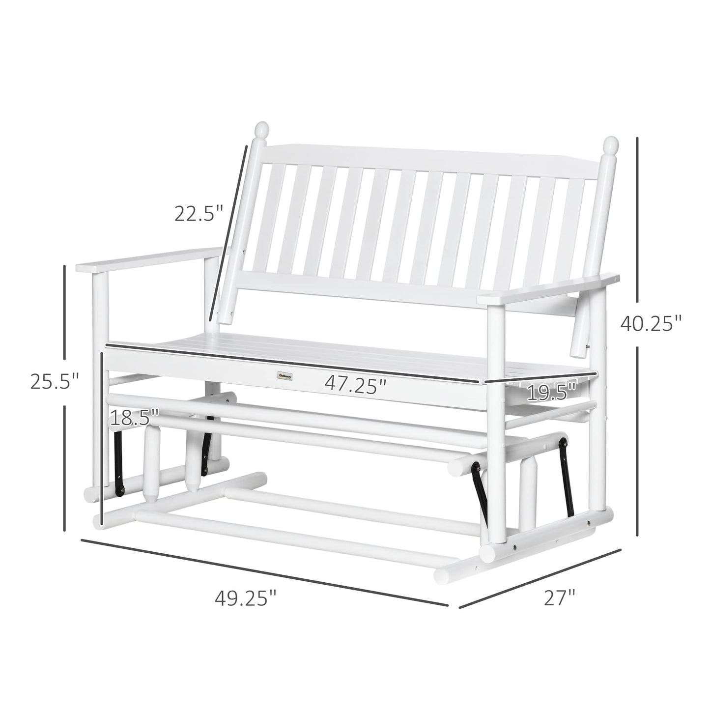 Outsunny White Wooden Patio Glider Bench with High Back and Armrests, Heavy Duty 550lbs Capacity Loveseat