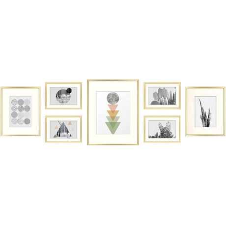 Golden State Art, 7 Pack, One 11x14, Two 8x10, and Four 5x7 Pictures. Aluminum Photos Frame for Wall or Tabletop Display (Gold) Golden State Art