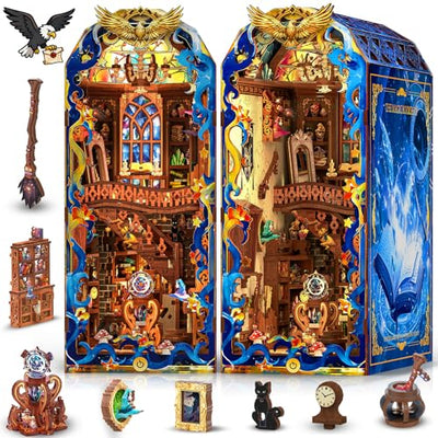 Mccreadee Book Nook Kit, DIY Miniature House 3D Wooden Puzzle with LED Light, Fantasy Bookstore Bookshelf Decor for Adults, Teens & Beginners, Gift for Book Lovers