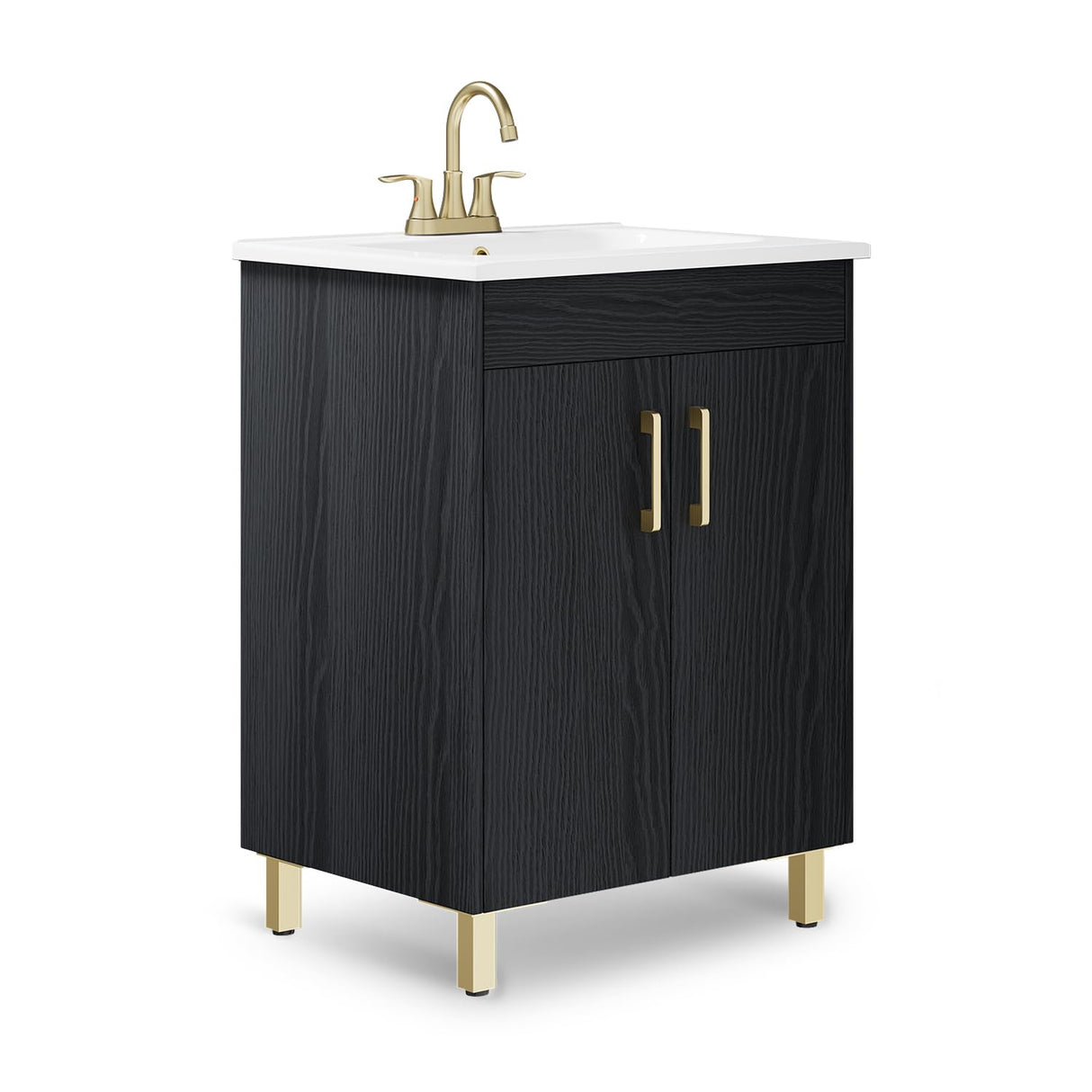 phiestina Fully Pre-Assembled Black 24 Inch Bathroom Vanity with Single Ceramic Countertop Sink Combo, 2 Soft Close Doors Bathroom Cabinet Set, Faucet Not Included,BV01-BLACK-JH phiestina