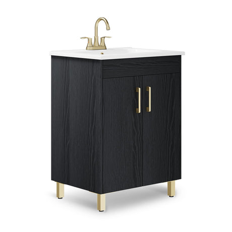 phiestina Fully Pre-Assembled Black 24 Inch Bathroom Vanity with Single Ceramic Countertop Sink Combo, 2 Soft Close Doors Bathroom Cabinet Set, Faucet Not Included,BV01-BLACK-JH phiestina