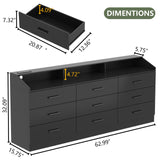 Gyfimoie 9 Drawers Dresser for Bedroom with Power Outlet, Chest of Drawers with LED Light, Modern Dressers with Open Storage Cubby, Triple Wide Dressers Organizer for Living Room (Black-) Gyfimoie