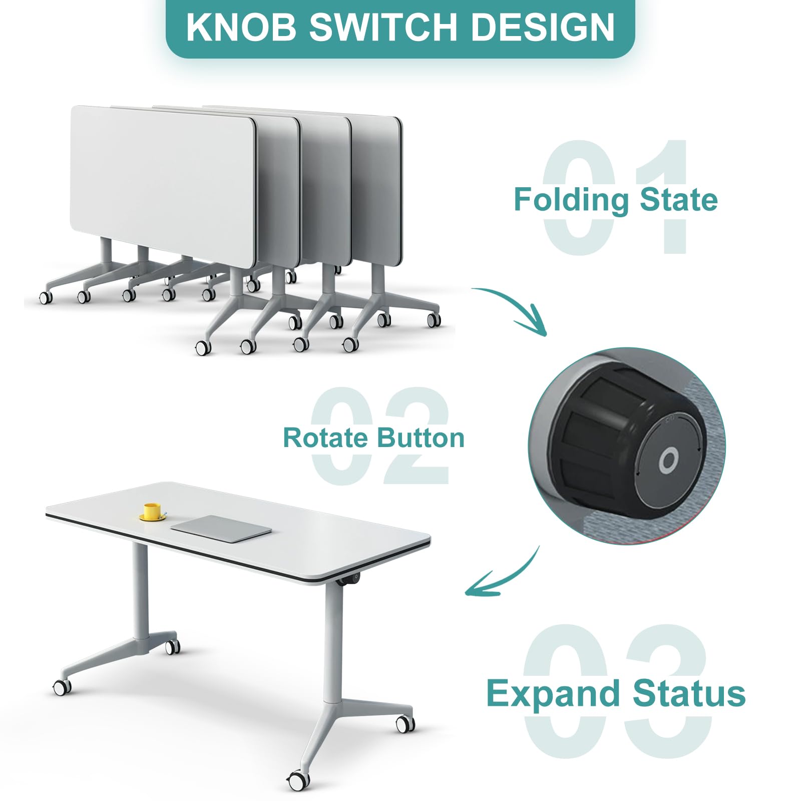 Conference Table, Folding White Flip Top Mobile Training Table with Silent Wheels，Modern Rectangle Meeting Seminar Table, Conference Room Tables for Office Training Classroom (4pcs, 55 inch) - WoodArtSupply