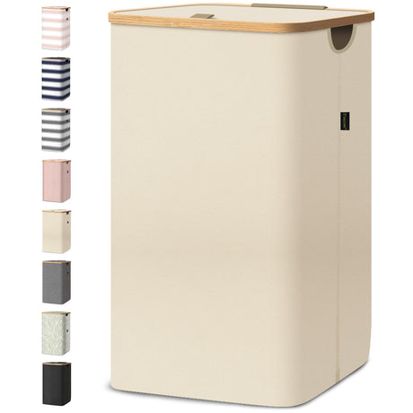 BALEINE Laundry Hamper with Lid, Tall Laundry Baskets with Bamboo Pull Handles, Large Laundry Bin with Internal Support (26 Gal/100L, Beige) BALEINE