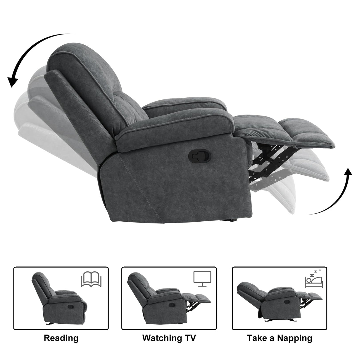 KeyEnergy Manual Rocker Recliner Chair for Adults, High Back Glider with Deep Seat, Upholstered Fabric Armchair for Living Room & Nursery, Dark Grey KeyEnergy