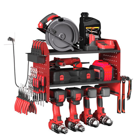 Lisgicabin Power Tool Organizer Wall Mount, 3-Layer Charging Station with 4 Outlets, Heavy Duty Drill Storage Rack with 4 Drill Holders & Drill Bit Rack, Efficient Storage for Garage & Workshop (Red) Lisgicabin