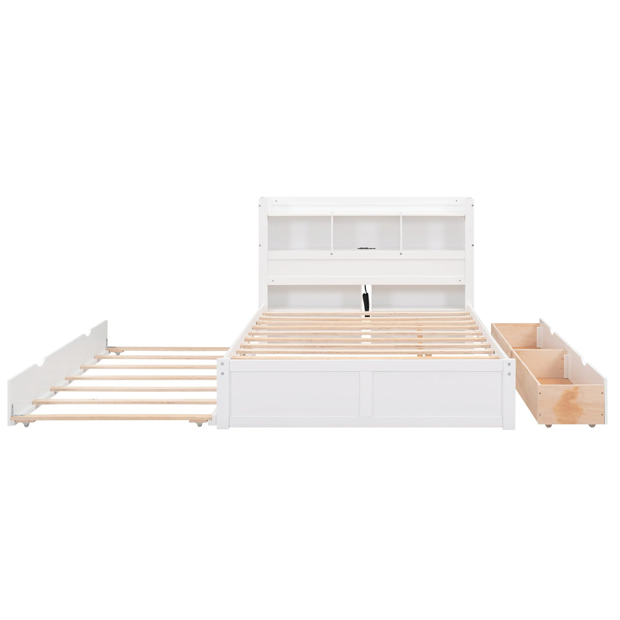 Full Size Storage Bed with Bookcase Headboard and Trundle, Wood Platform Bed Frame with Charging Station, Pull Out Shelves and Drawers for Kids Teens Adults, No Box Spring Needed,White Harper & Bright Designs