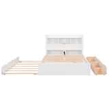 Full Size Storage Bed with Bookcase Headboard and Trundle, Wood Platform Bed Frame with Charging Station, Pull Out Shelves and Drawers for Kids Teens Adults, No Box Spring Needed,White Harper & Bright Designs