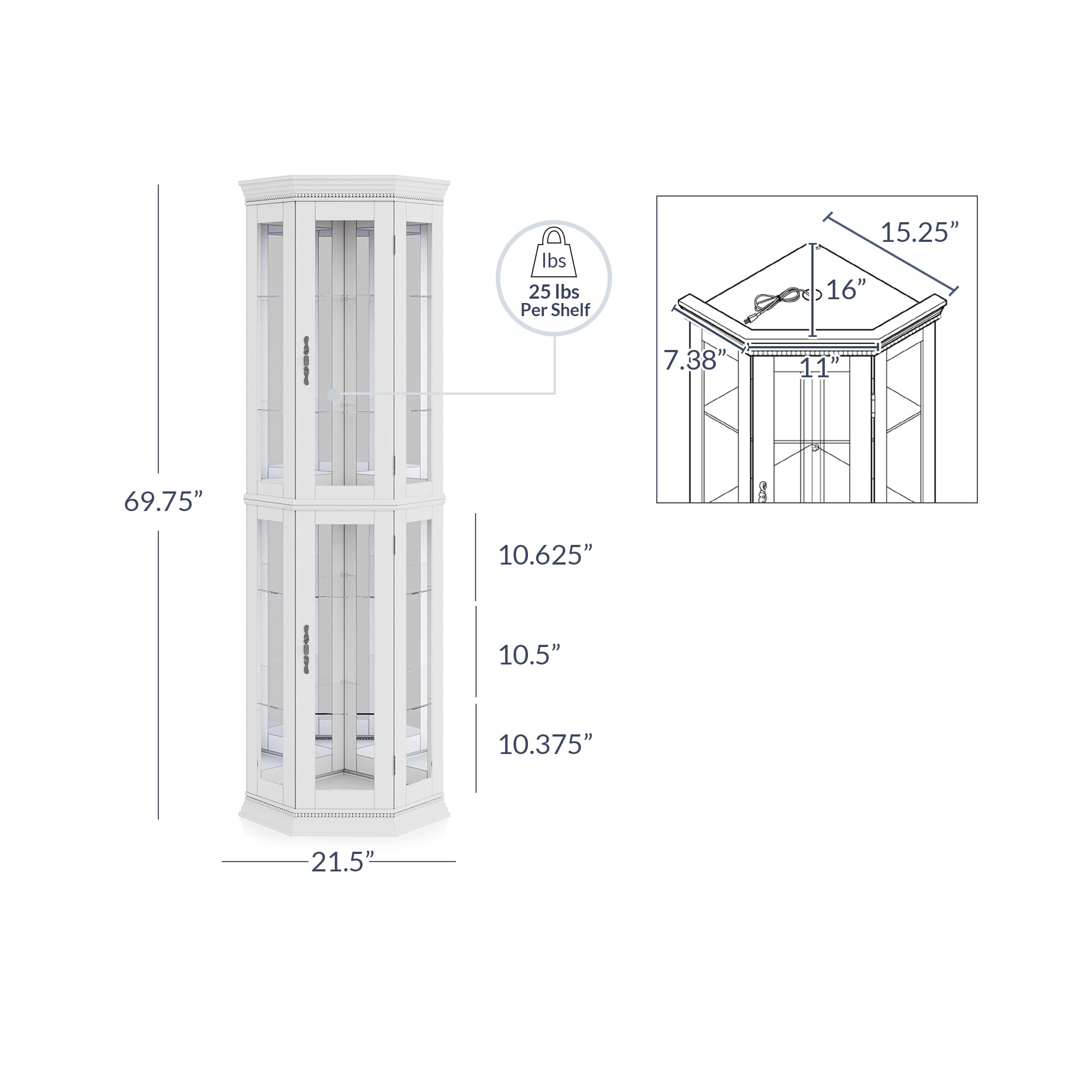 BELLEZE Lighted 3-Side Glass Display Curio Cabinet - Thumbnail 4