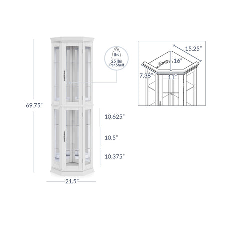 BELLEZE Lighted 3-Side Glass Display Curio Cabinet w/Tempered Glass Doors & Shelves, Accent Wooden Corner Cabinet with Bulb, Corner Storage BELLEZE