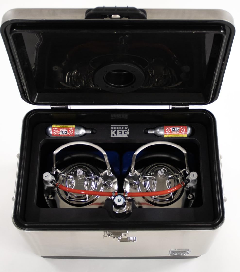 Cooler Keg™ Portable Kegerator Stainless Steel Insulated Cooler Draft System: Refillable Mini Kegs: Draft Beer, Cocktails, Homebrew, Seltzer. Dispenser with Dual taps. 4 CO2 CARTRIDGES Included Cooler Keg