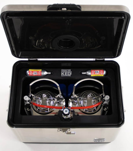 Cooler Keg™ Portable Kegerator Stainless Steel Insulated Cooler Draft System: Refillable Mini Kegs: Draft Beer, Cocktails, Homebrew, Seltzer. Dispenser with Dual taps. 4 CO2 CARTRIDGES Included Cooler Keg