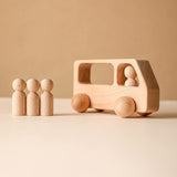 4 Wooden Figures in The Bus - Peg Dolls Unfinished Wooden Peg People Cars Wooden Figures Shape Preschool Learning Educational Toys Montessori Toys for Toddlers WOODEN TEETHER