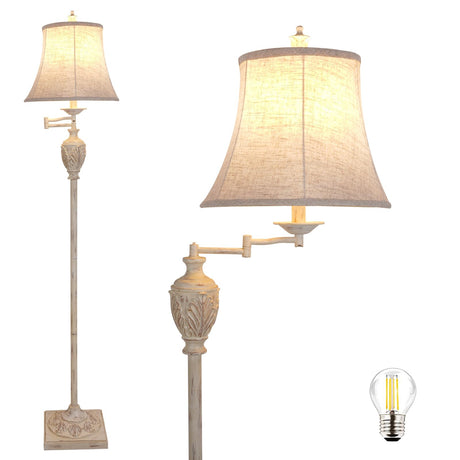 Traditional LED Floor Lamp with 350° Adjustable Swing Arm Lamp – Vintage Pole lamp Swing arm for Living Room, Bedroom and Office – Rustic Upright Floor Light for Home Décor with Silk Fabric Shade AIDENOEY